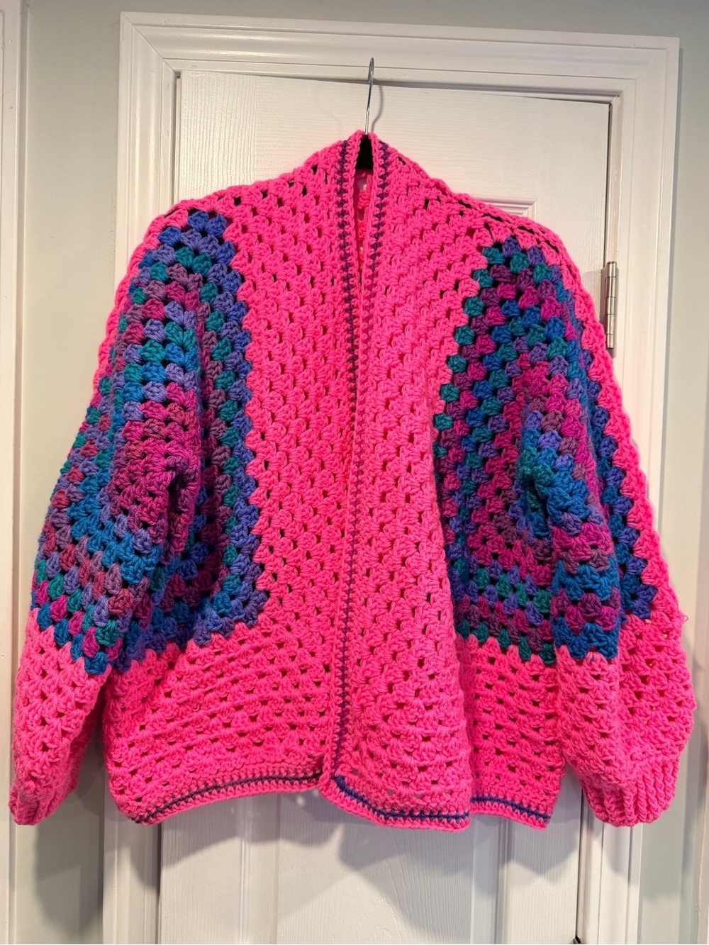 Handmade Crochet Granny Square One Size Cozy Cardigan Boho Chunky Knit Sweater